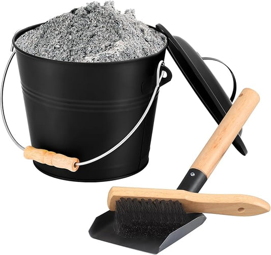 FEED GARDEN Mini Ash Bucket with Lid,Shovel,Broom and Screwdriver, 1.3 Gallon Galvanized Iron Coal Bucket for Fireplace Fire Pits Wood Stoves Indoor Outdoor,Black