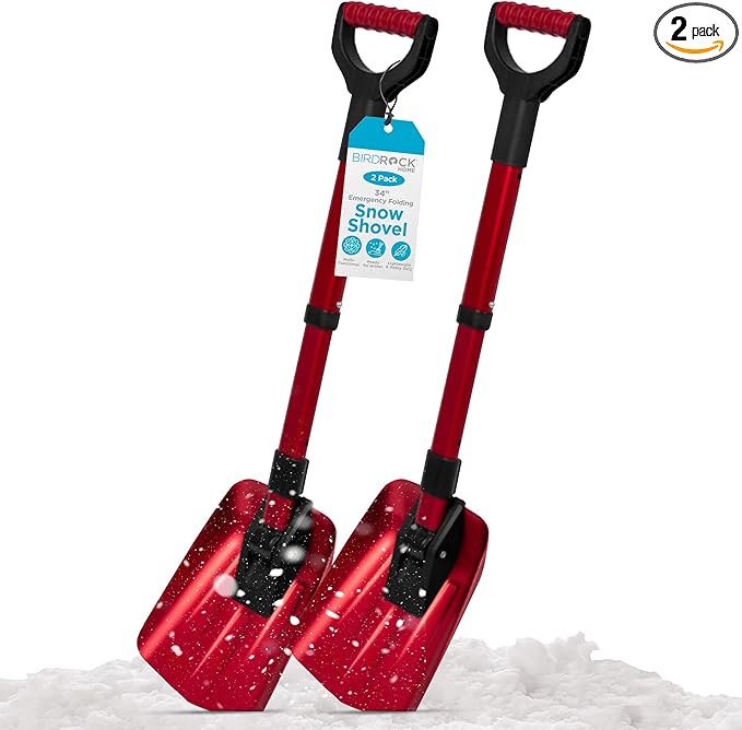 BIRDROCK HOME Folding Emergency Snow Shovel - Compact Tool for Winter Survival, Car, Snowmobiles, ATV - Lightweight Collapsible Gear for Skiing, Camping, Mud, Avalanche, Sand, Adventure - 34”, 2 Pack