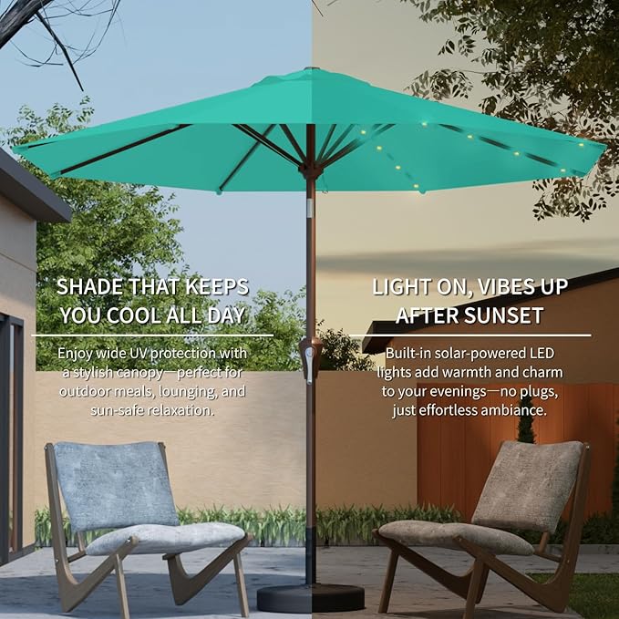 10FT Solar Umbrella 32 LED Lighted Patio Umbrella Table Market Umbrella w/Tilt and Crank, UV-Resistant Outdoor Umbrella for Pool, Garden, Deck, Turquoise Blue