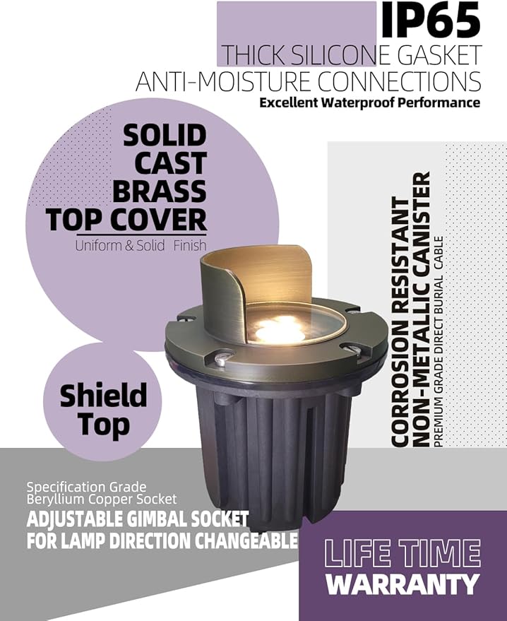 MALORY Brass Top Cover Landscape Well Lights,(6‘’H 12V Low Voltage Outdoor In Ground Lights, Anti-Glare Landscape Lighting with 5W 450LM MR16 for Pathway, Driveway (Shield Top, 10-Pack with Bulb)