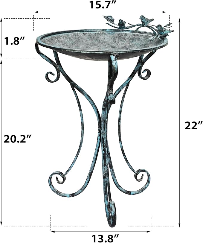 Solution4Patio 16.7" Metal Bird Bath with Perch - Rust-Resistant Outdoor Garden Decor, Shallow Wide Bowl & Foldable Stand for Birds/Plants