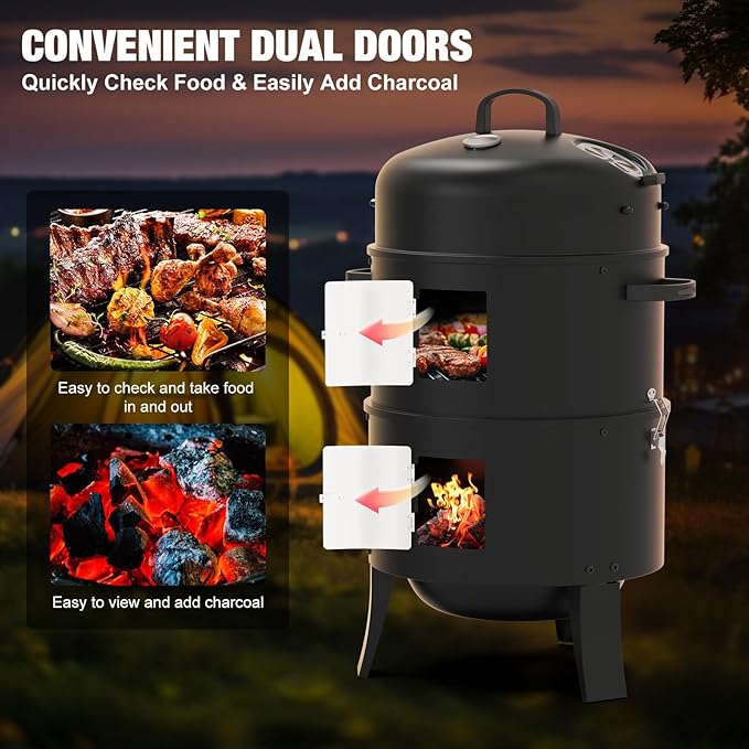 16" Charcoal Smoker, 3 in 1 Heavy Duty Vertical Barbecue Grill, Outdoor Fire Pit 402 Square Inches Cooking Area, Versatile Outdoor Smoker Grill, Black