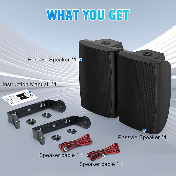 STUDIOFINIX 8-Inch 600W Passive Outdoor Speakers, IP44-Rated Waterproof, Wired Connection, Wall-Mountable All-Weather Speakers for Patio, Indoor, Deck, Yard (1 Pair, Black)