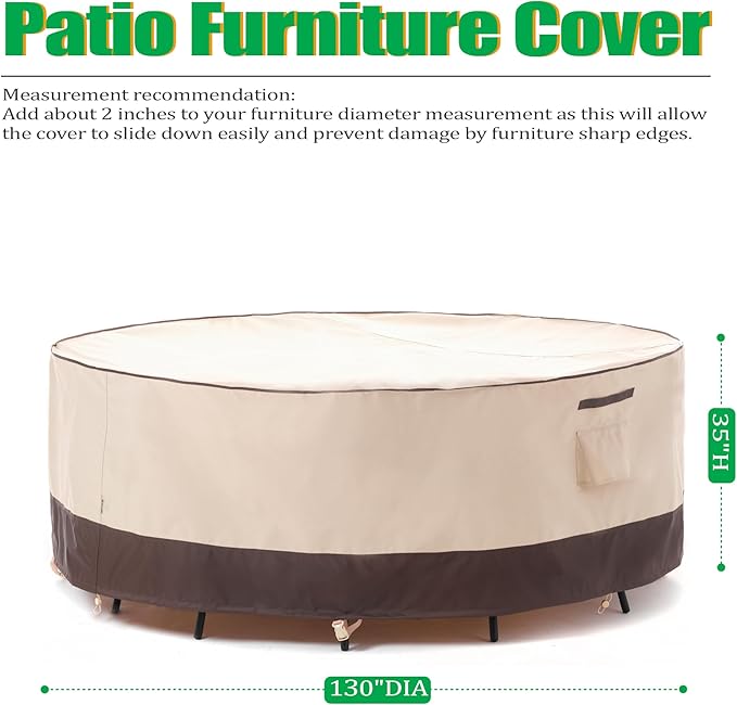 F&J Outdoors Patio Furniture Covers Waterproof Anti-UV Rip-stop Fabric Extra Large Outdoor Furniture Covers, 130" Dia x 35" H
