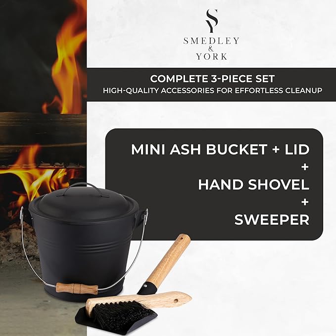 Smedley & York Mini Ash Bucket with Lid, Includes Fireplace Tools, Pail, Shovel and Broom, 1.5 Gallon Charcoal Metal Bucket with Lid, Coal Bucket and Ash Can, Galvanized Iron Ash Bucket for Fireplace