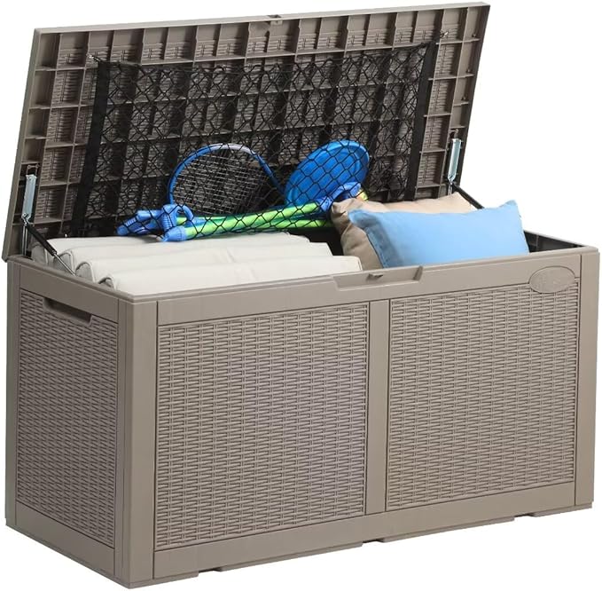YITAHOME 100 Gallon Large Deck Box Upgrade Resin Outdoor Storage Boxes, Waterproof Patio Cushion Storage Bench for Patio Furniture, Pillows, Pool Supplies, Garden Tools- Rattan,Lockable (Light Brown)