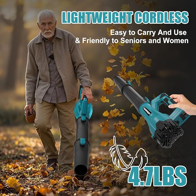 6 Speed Levels Electric Leaf Blower Cordless, 900000RPM Cordless Leaf Blower with 2 X 4.0Ah Batteries and Charger, Leaf Blowers 21V, Battery Lawn Blower for Patio Cleaning, Lawn Care, Blowing Leaves
