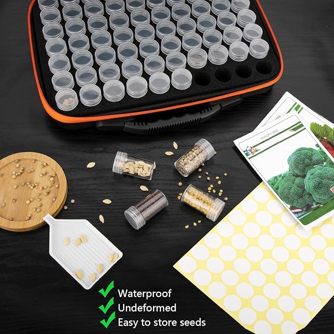 140 Slots Seed Organizer Storage Box with 20PCS Seed Envelopes, Premium Seed Containers for Various Sizes Vegetable and Flower Garden Seeds, Gardening Seed Keeper Set with Useful Accessories (Orange)