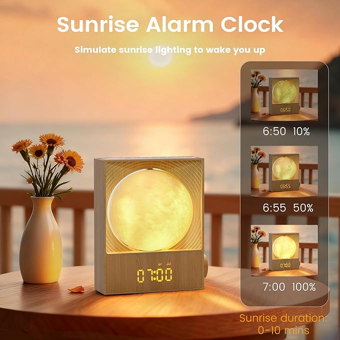 Sunrise Alarm Clock, 360-Degree Rotating Moonlight & 10 White Noise Sounds, Dual Alarm & Snooze for Heavy Sleeper, Timer, Wooden Bedroom Light Gift - Wood