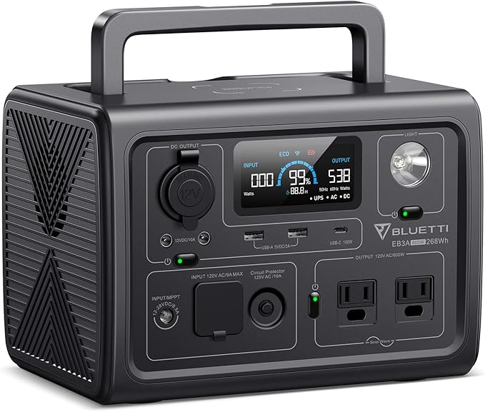 BLUETTI Solar Generator EB3A, 268Wh LiFePO4 Battery Backup w/ 2 600W (1200W Surge) AC Outlets, Recharge from 0-80% in 30 Min., LFP Backup for Outdoor Camping, Trip, Power Outage