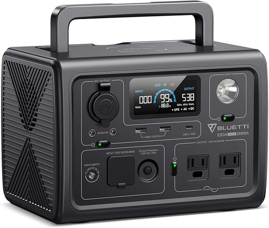BLUETTI Solar Generator EB3A, 268Wh LiFePO4 Battery Backup w/ 2 600W (1200W Surge) AC Outlets, Recharge from 0-80% in 30 Min., LFP Backup for Outdoor Camping, Trip, Power Outage