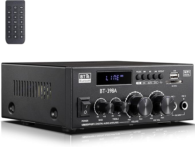 Facmogu BT-398A Stereo Digital Audio Amplifier, Max 450Wx2 HiFi Sound Audio Power Amplifier System, 2.0 Channel Receiver Amp for Home Theater Garage w/Fiber/Copper Jack, USB/SD/AUX/RCA/MIC in w/Echo