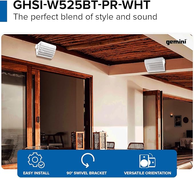 Gemini Sound GHSI-W525BT 5.25" Outdoor Bluetooth Speakers IP44 Waterproof Wired Powered Wall Mount Pair with Aluminum Grills, Patio Ready, Daisy-Chain Up to 16 Speakers, Balanced Stereo Audio (White)