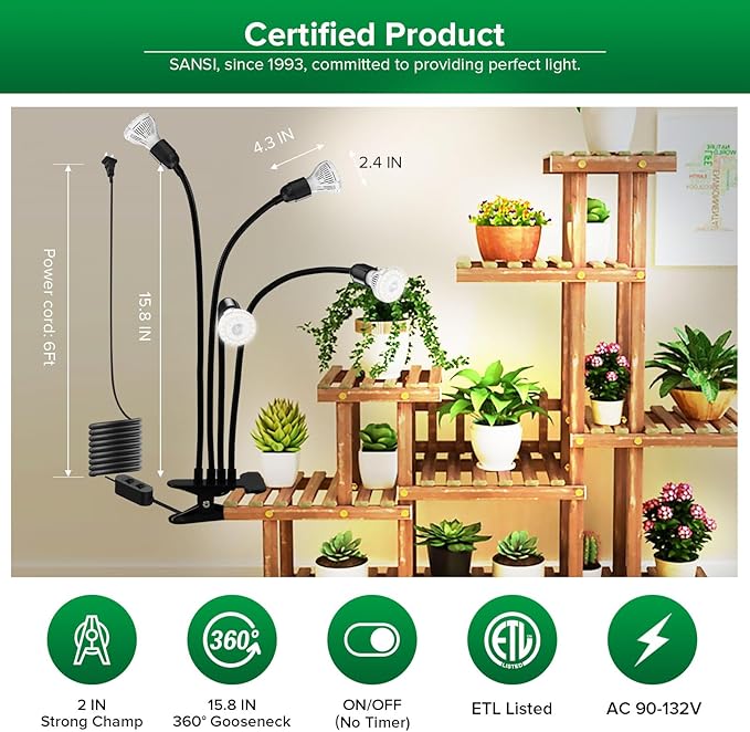 SANSI LED Grow Lights for Indoor Plants, 600W Full Spectrum Gooseneck Clamp Grow Lamp, 40W Power Plant Light with High PPFD for Seeding, Lifetime Free Bulb Replacement