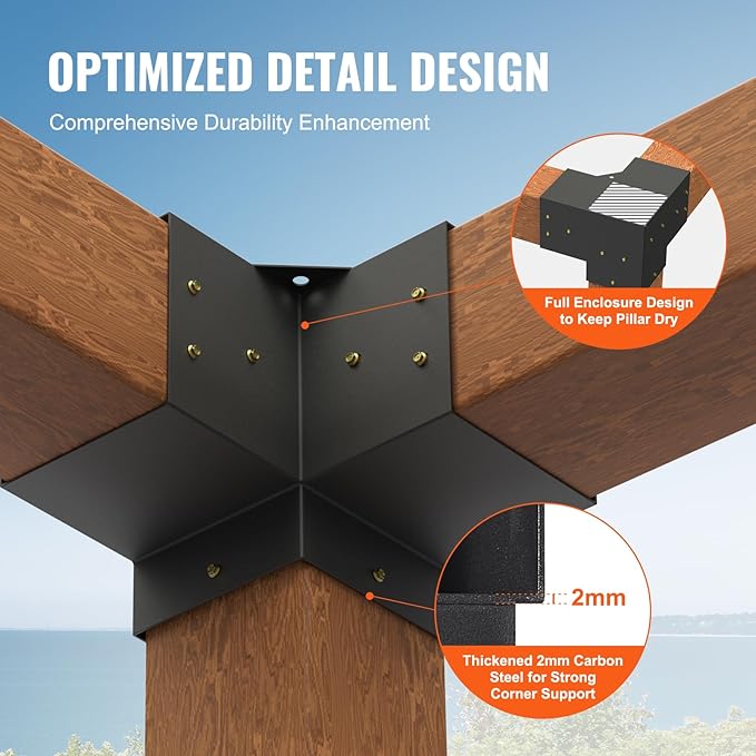 VEVOR Pergola Bracket Kit 6''x6''(Inner Size 5.6x5.6), 4pcs 3-Way Heavy Duty Corner Bracket Woodworks DIY Post Base Kit, Easy Installation Wooden Beams for Gazebos, Patio Pergolas, Log Cabin Outdoor