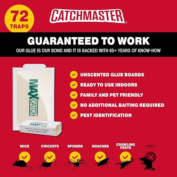 Catchmaster Max-Catch Mouse & Insect Glue Trap 72PK, Mouse Traps Indoor for Home, Sticky Pest Control Adhesive Tray for Catching Bugs, Non Toxic Bulk Unscented Glue Boards