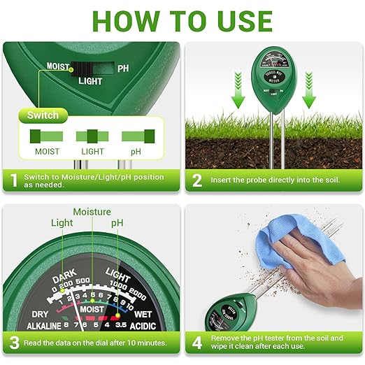 Plant Moisture Meter, 3 in 1 Soil Moisture Light pH Tester, Dr.meter Soil Probe Test Kits for Indoor Outdoor Plant Care, Hydrometer for Plants, No Battery Needed