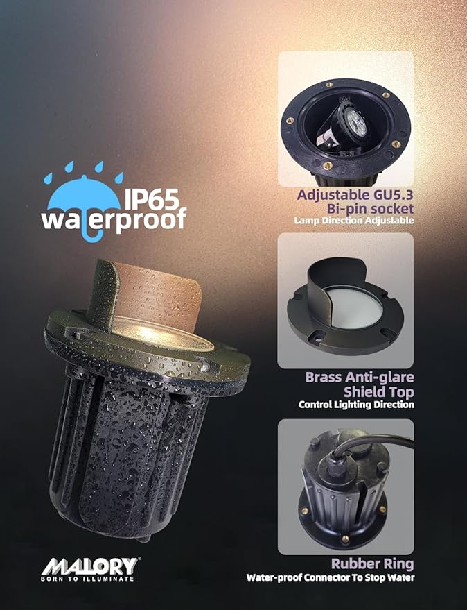 MALORY Brass Top Cover Landscape Well Lights,(6‘’H 12V Low Voltage Outdoor In Ground Lights, Anti-Glare Landscape Lighting with 5W 450LM MR16 for Pathway, Driveway (Shield Top, 10-Pack with Bulb)