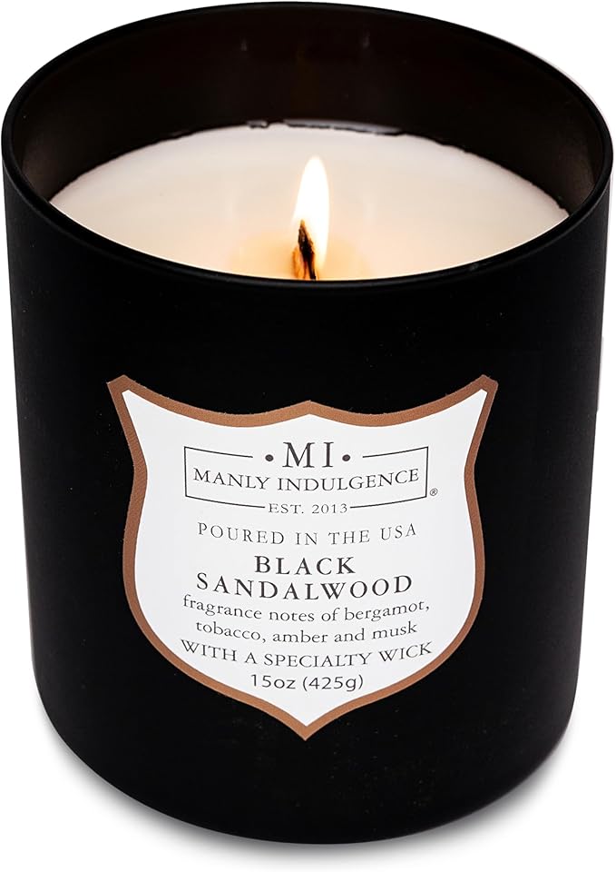 Manly Indulgence Black Sandalwood Scented Candle for Men 15 oz – Bergamot, Tobacco, Amber & Musk - Wood Wick - Up to 60 Hours Burn - Soy Blend Wax, USA Poured – Signature Collection