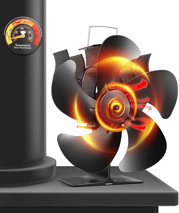 Wood Stove Fan, Fireplace Fan for Wood Burning Stove, Heat Powered fan, Wood Stove Accessories, Quiet Operation Circulating Warm Air, (Include Magnetic Thermometer) (5-Blade)