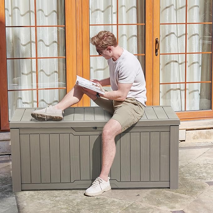 YITAHOME 120 Gallon Large Deck Box, Resin Outdoor Storage Box for Outdoor Pillows, Garden Tools and Pool Supplies, Waterproof, Lockable, Taupe