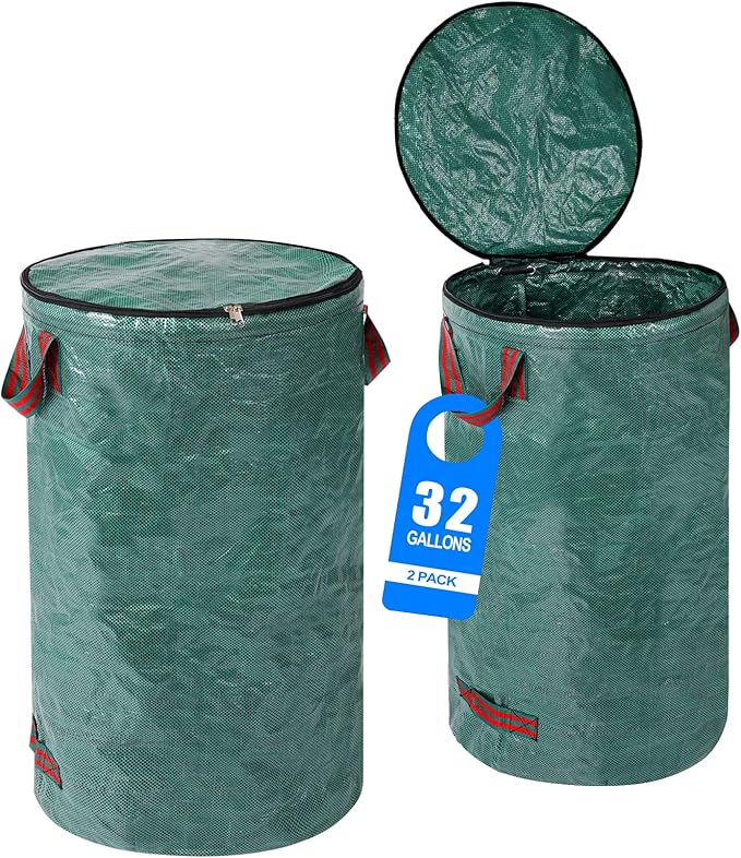 2 Pack 32 Gallons Reusable Yard Waste Bags with Zipper Lid Garden Waste Bags with 4 Handles Outdoor Heavy Duty Gardening Lawn Leaf Bags Large Garden bags for Collecting Leaves Weeds Debris