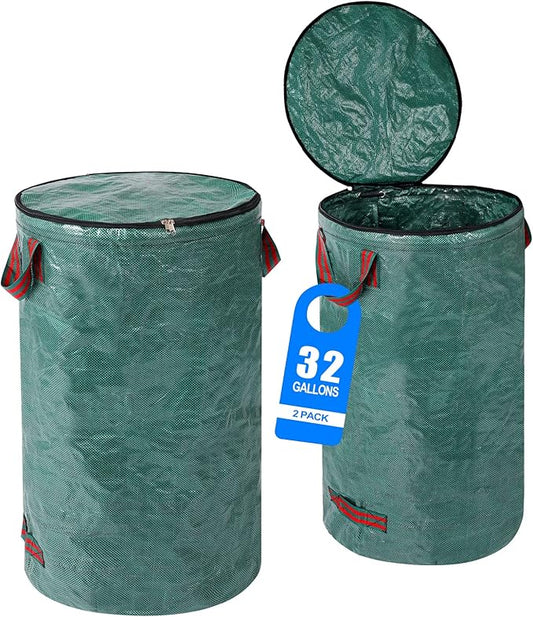 2 Pack 32 Gallons Reusable Yard Waste Bags with Zipper Lid Garden Waste Bags with 4 Handles Outdoor Heavy Duty Gardening Lawn Leaf Bags Large Garden bags for Collecting Leaves Weeds Debris