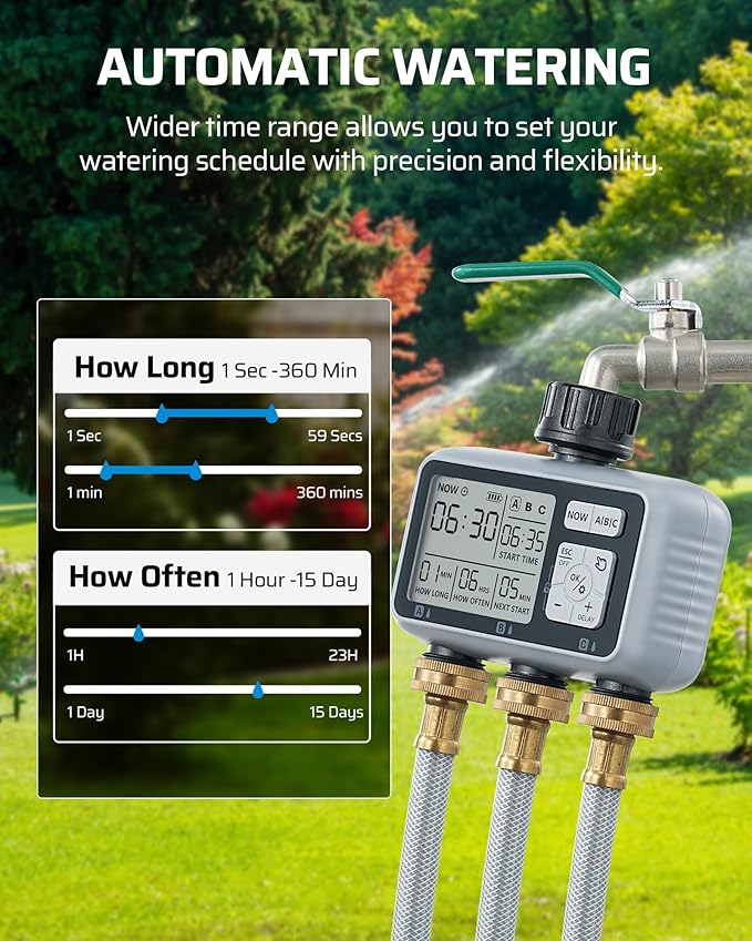 DEWENWILS 3 Zone Sprinkler Timer, Outdoor Water Timer, Programmable Hose Faucet Controller, Automatic Garden Watering System for Garden, Lawn, Yard