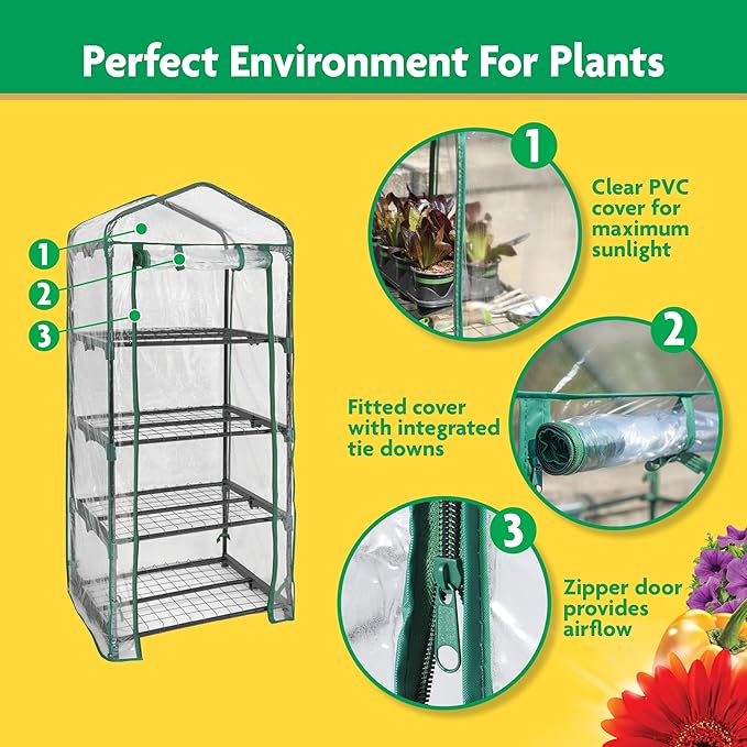 Miracle-GRO 23" x 17" x 57" 4-Tier Indoor/Outdoor Mini Greenhouse Plant Tent, All-Season Compact Plant Growth Accelerator with PVC Cover and Roll-Up Zipper Door, Clear