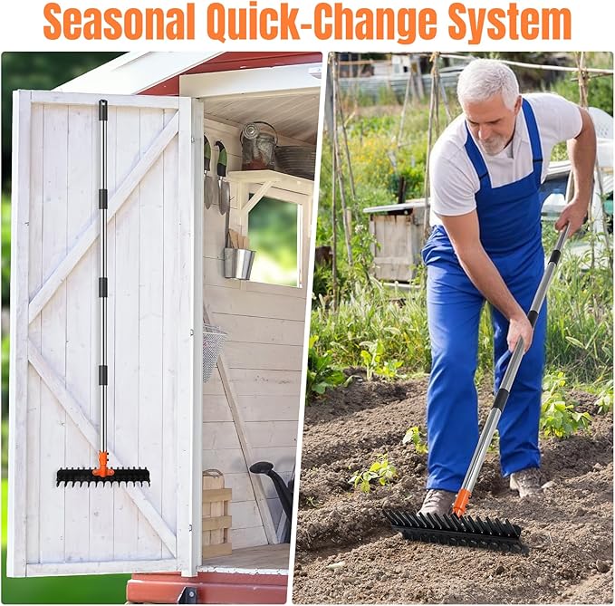 57-Inch Thatch Rake - Professional Dethatcher & Soil Aerator with 15" Steel Tines, Detachable Handle for Lawn Thatching and Compacted Soil Removal