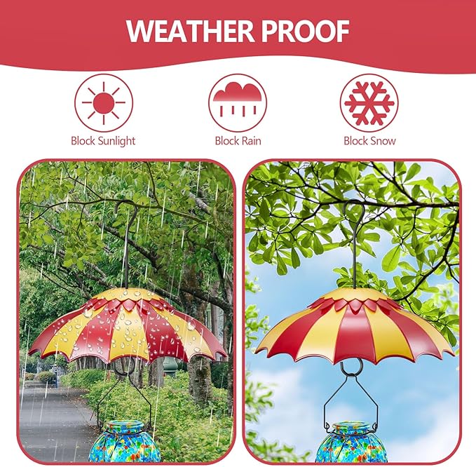 Bird Feeder Baffle 14" with Ant Moat, Beserie Large Bird Feeder Rain Guard Cover with Ant Guard & Shepherd Hooks, Attract Hummingbirds & Anti Squirrel/Sun/Rain/Snow/Ants (Red-Yellow, 14 inches, 35cm)