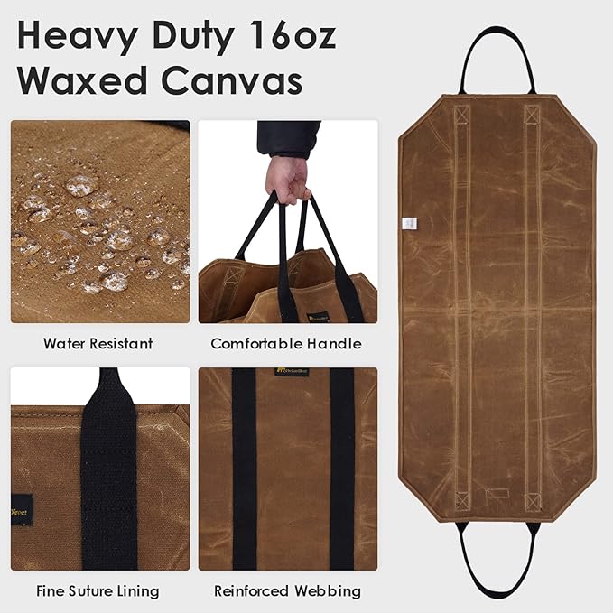 Sturdy Waxed Canvas Firewood Log Carrier, Durable Firepalce Wood Bag with Reinforce Duty Straps