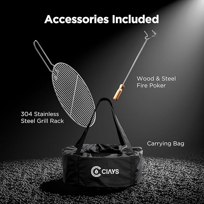 Ciays Smokeless Firepit, 19 Inch Fire Pit for Camping with Patented Technology, Portable Fire Pit for Outside with Steel Grill Rack, Fire Poker, and Bag, Easy Setup and Storage, Wood Burning