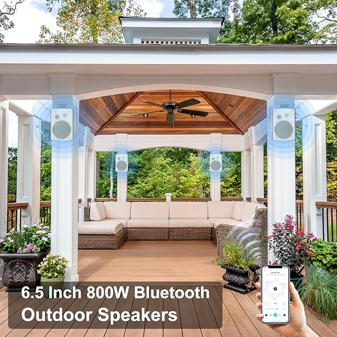 STUDIOFINIX 800W 6.5 Inch Bluetooth Outdoor Speakers Waterproof Wired with Multifunctional Amplifier Wall Mount Weatherproof Loudspeaker System for Patio Garden Poolside Home(4 Speakers,White)