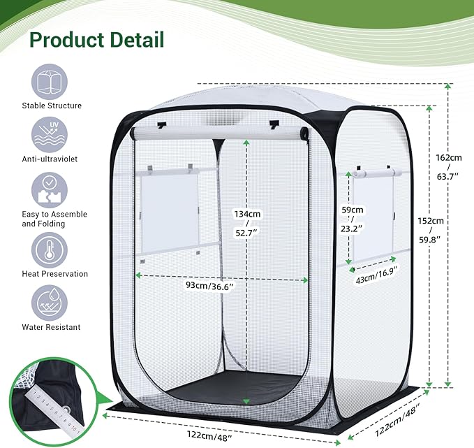 Ohuhu Pop Up House - Fast Set-up Small Greenhouse Walk in Portable Greenhouses Indoor Outdoor with Removable PE Mat & Mesh Window for Protecting Plant from Cold Frost & Birds 48 x 48 x 63.7''