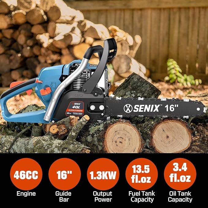 SENIX 16" Gas Chainsaw 46cc 4-Stroke Gas Powered Chainsaws, Cordless Chain Saw with Loop Handle for Wood Cutting and Tree Trimming, Low Emissions & Easy Maintenance, CS4QL-L3