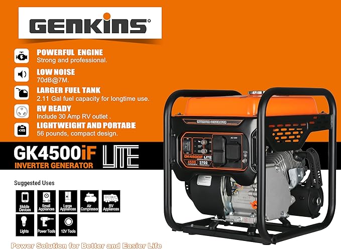 4500 Watt Open Frame Inverter Generator 30 Amp Pure Sine Wave Noise Reduced 50% 55lbs EPA complied Gas Powered