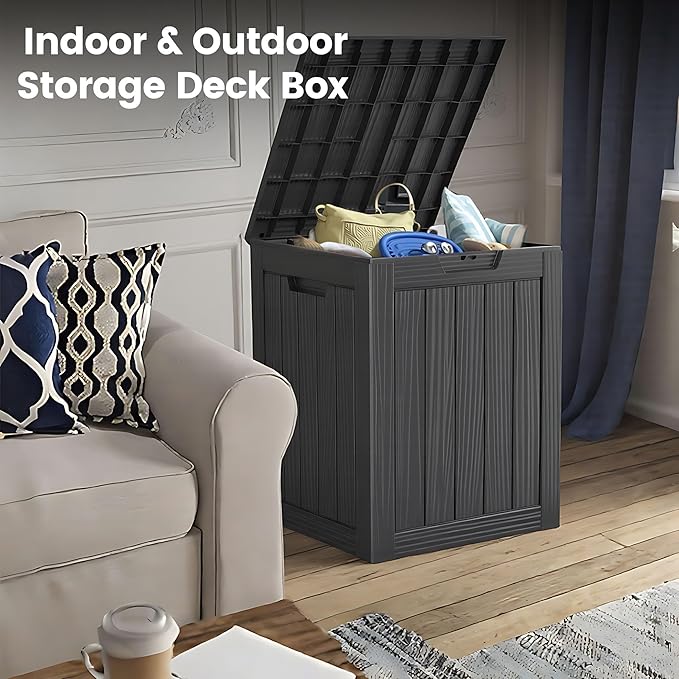 28 Gallon Outdoor Storage Box, Waterproof Durable Resin Deck Box for Indoor & Outdoor Use, Lockable Outdoor Bench, Deck Bin for Patio Furniture, Deliveries, Pool Supplies, Black