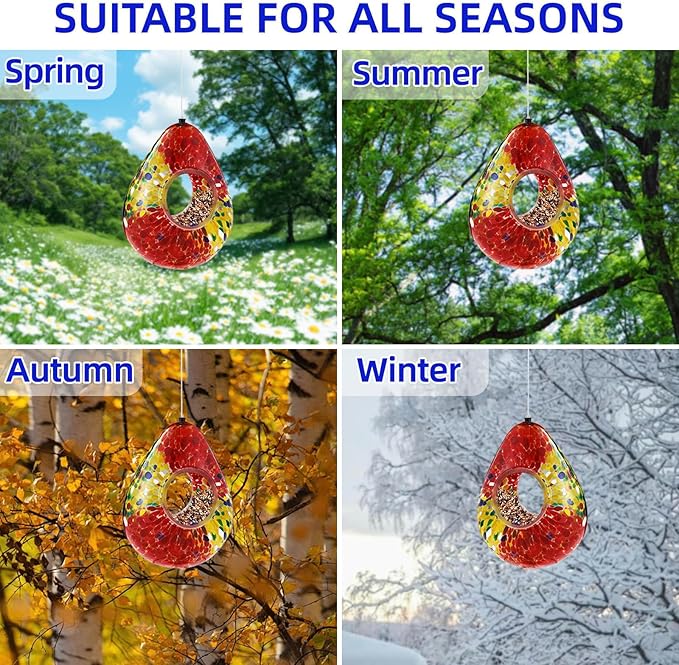 VOREEN Glass Bird Feeder, Fly Through Bird Feeders for Outdoor Hanging, Glass Wild Bird Feeder, for Garden, Yard, Backyard, Deck and Porch Decor, Gift for Mom Wife Friend, Red Teardrop