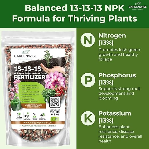13-13-13 Slow Release Granular Fertilizer β All Purpose Plant Food 13 13 13 for Outdoor Grass, Vegetables, Roses, Flowers, Shrubs, Trees. Lawns, Gardens, Potted Plants (4 quarts)
