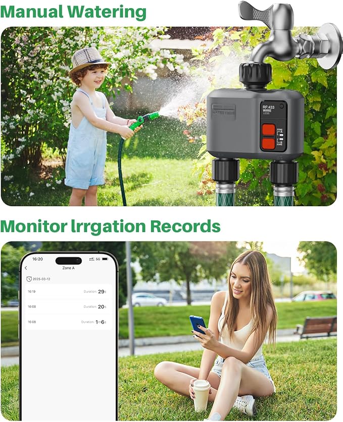 WiFi Sprinkler Timer 2 Zone with 984 Feet RF Gateway, 2 Pack Smart Water Timer for Garden Hose with Rain Delay/Manual/Automatic,WiFi Water Hose Timers for Garden & Lawns