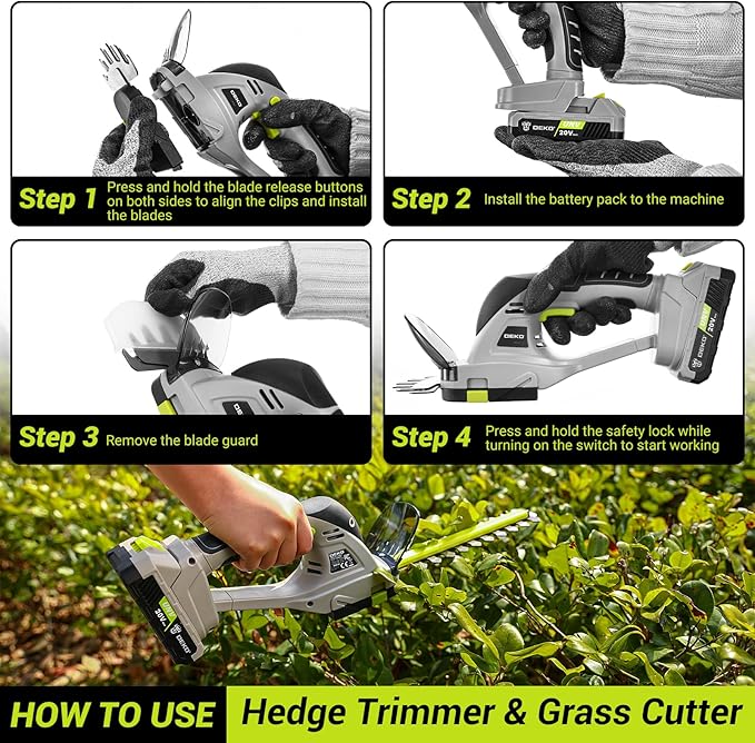 Electric Hedge Trimmer Cordless: DEKOPRO Power Hedge Trimmer, 20V Electric Bush Trimmer Grass Cutter Trimmer Garden Tools, 2 in 1 Garden Shears Handheld for Lawn, Hedge, Yard, Patio