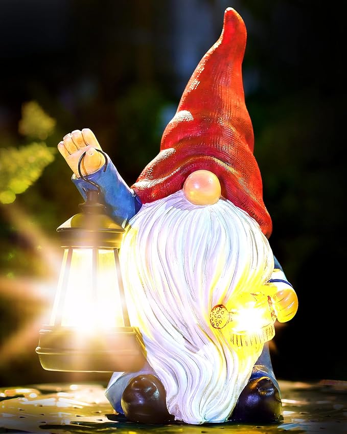 Solar Garden Gnome Gnome Outdoor Statues Garden Decor Resin Birthday Gifts for Women Mom Art for Yard Porch Patio Lawn Yard with Watering Can Lights Lantern