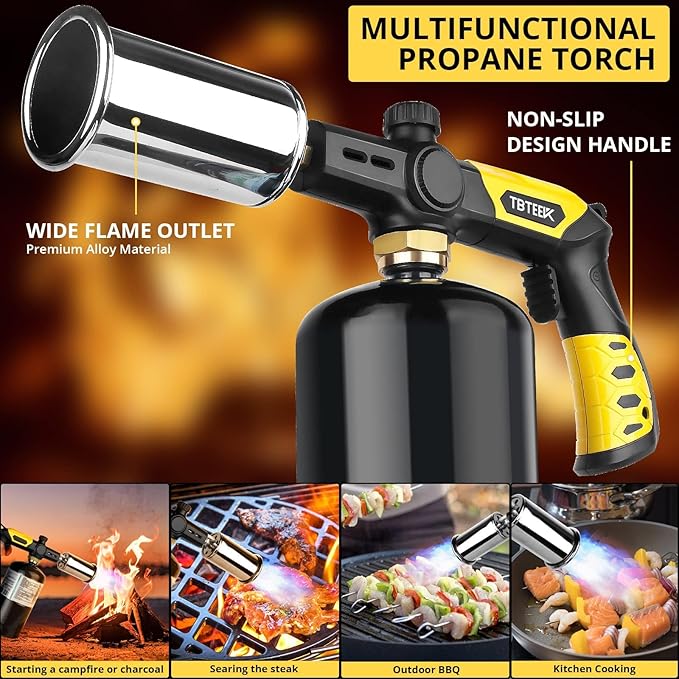 Powerful Cooking Torch, TBTEEK Sous Vide Propane Torch, Kitchen Culinary Grilling Torch Lighter for Searing Meat, Charcoal Lighter, BBQ and Campfire Starter (Tank Not Included)