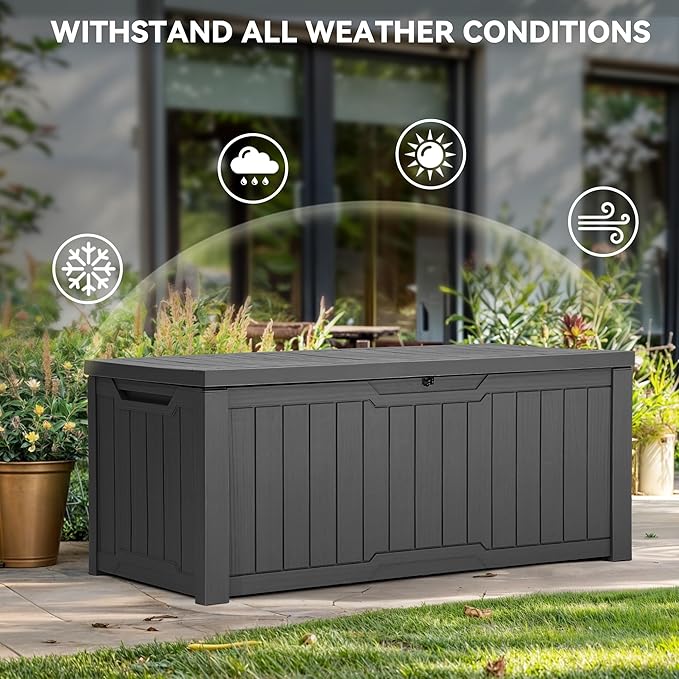 YITAHOME 120 Gallon Resin Deck Box, Weather Resistant Outdoor Storage Box for Patio Cushions, Garden Tools, Pool Supplies, Lockable, Easy Assembly, Extra Seat or Table (Dark Gray)