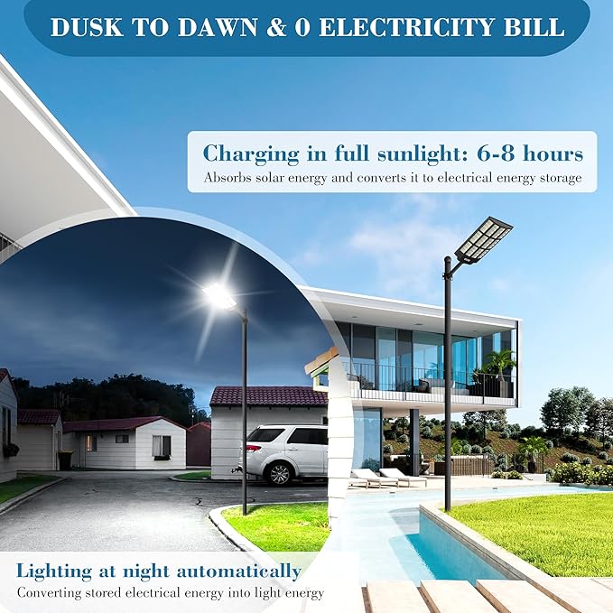 10000W Solar Street Light - 7000K Wide Angle Solar Lights Outdoor with Motion Sensor & Dusk to Dawn, IP66 Waterproof Solar Street Lights Outdoor for Roadway Yard
