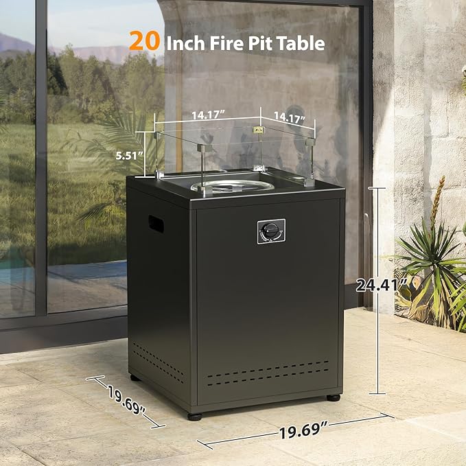 Fire Pit Table Propane Smokeless Fire Pit Outside Heater Patio with Lava Rocks,Glass Wind Guard and Cover,20" Square Fire Pit Table for Balcony Garden Outdoor Camping Deck Backyard,Black