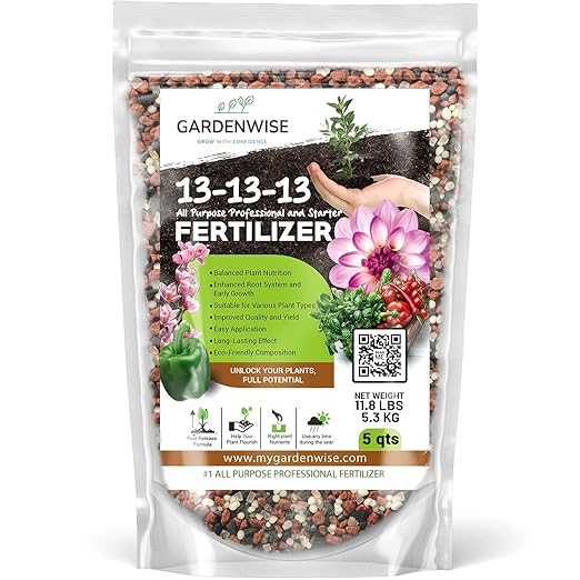 13-13-13 Slow Release Granular Fertilizer โ All Purpose Plant Food 13 13 13 for Outdoor Grass, Vegetables, Roses, Flowers, Shrubs, Trees. Lawns, Gardens, Potted Plants (5 quarts)