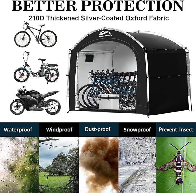 Happy Travel Bike Storage Tent Shed, Outdoor Waterproof Bicycle Covers Shelter with Window for 2/4/6/8 Bikes,Oversized Outside Portable Sheds for Lawn Mower,Garden Tools (Black)