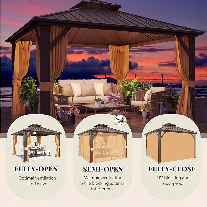 YOLENY 12' x 12' Hardtop Gazebo, Metal Gazebos with Aluminum Frame, Double Galvanized Steel Roof, Curtains and Netting Included, Pergolas for Patios, Garden, Parties, Lawns